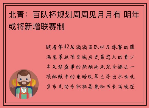 北青：百队杯规划周周见月月有 明年或将新增联赛制