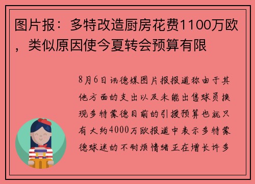 图片报：多特改造厨房花费1100万欧，类似原因使今夏转会预算有限