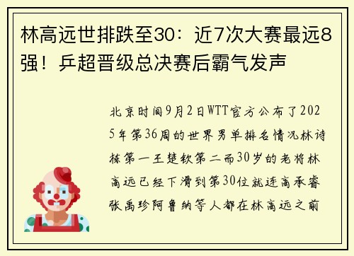 林高远世排跌至30：近7次大赛最远8强！乒超晋级总决赛后霸气发声